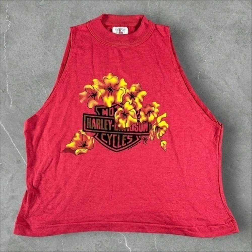 Vintage Harley-Davidson Tank Top Women XL Red Floral Sleeveless Biker Grunge 80s